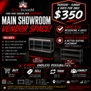 Main Room Vendor Space (4-Day Event) – 6' Glass Display Case & 4-Tier Shelf Included