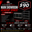 Saturday Main Room Vendor Space One Day Event – 6' Glass Display Case & 4-Tier Shelf Included
