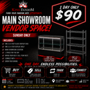 Sunday Main Room Vendor Space One Day Event – 6' Glass Display Case & 4-Tier Shelf Included