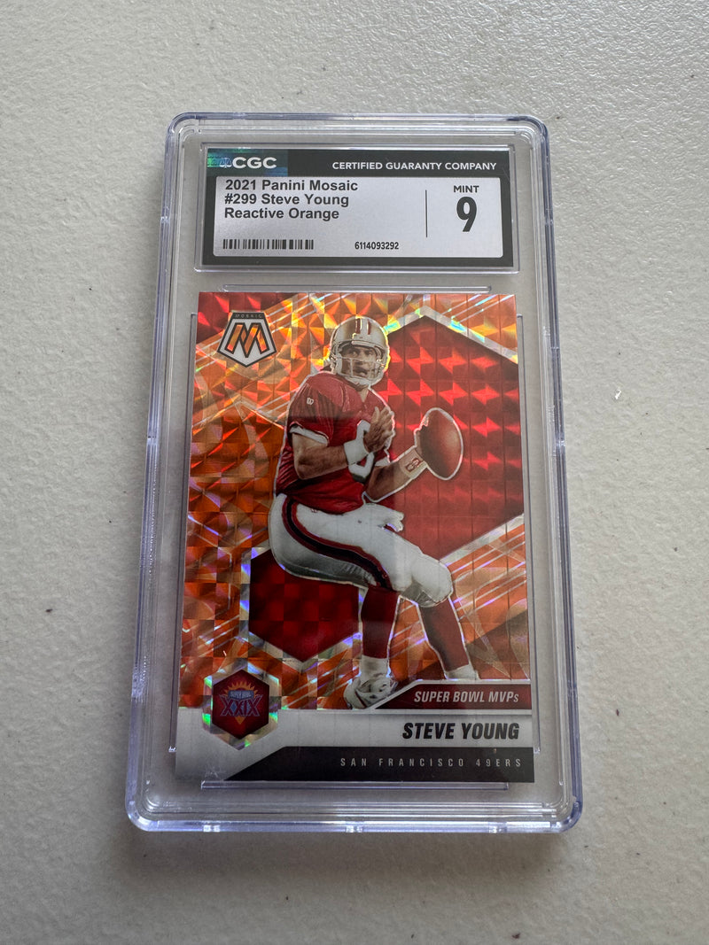 2021 Panini Mosaic Steve Young #299 Reactive Orange CGC 9 Mint – Super Bowl MVPs 49ers