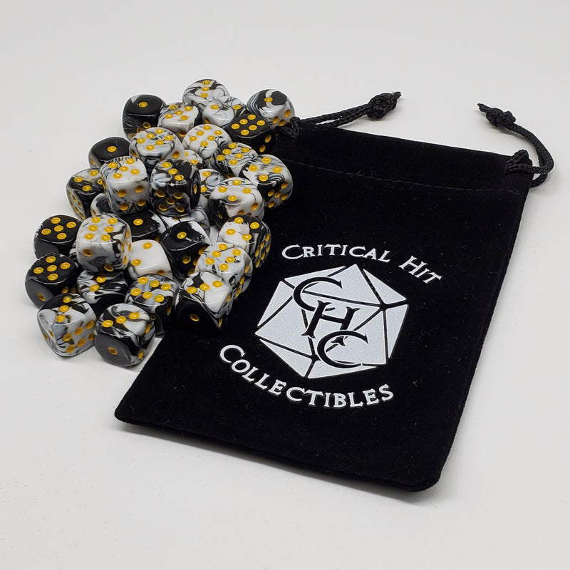 Critical Hit Collectibles - Fusion Black/White Polyhedral D6 Dice with Gold Numbers - (36-Pack)