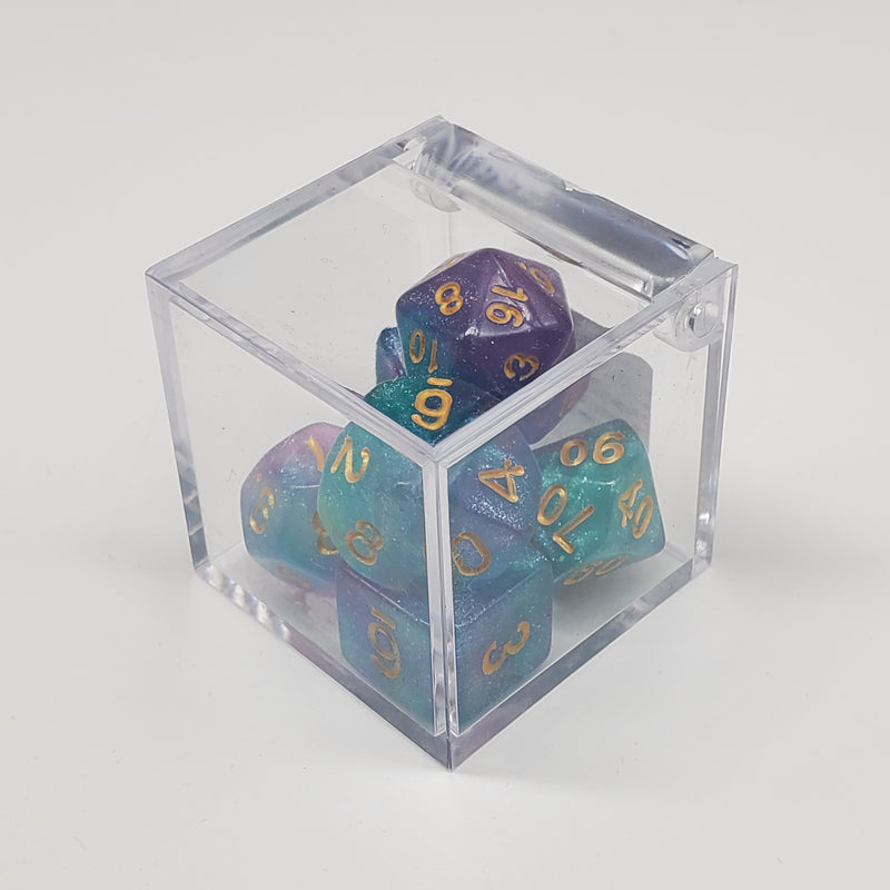 Critical Hit Collectibles - Sparkly Fusion Purple/Teal Polyhedral Dice with Gold Numbers - (7-Pack)