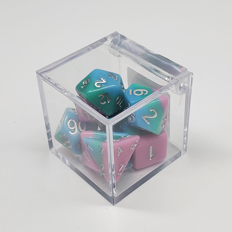 Critical Hit Collectibles - Multi-layer Light Blue/Green/Pink Polyhedral Dice with Silver Numbers - (7-Pack)