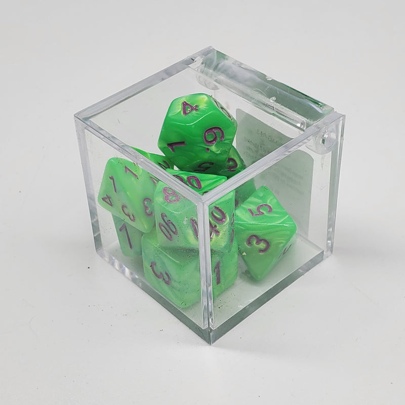 Critical Hit Collectibles - Marbled Neon Green Polyhedral Dice with Purple Numbers - (7-Pack)