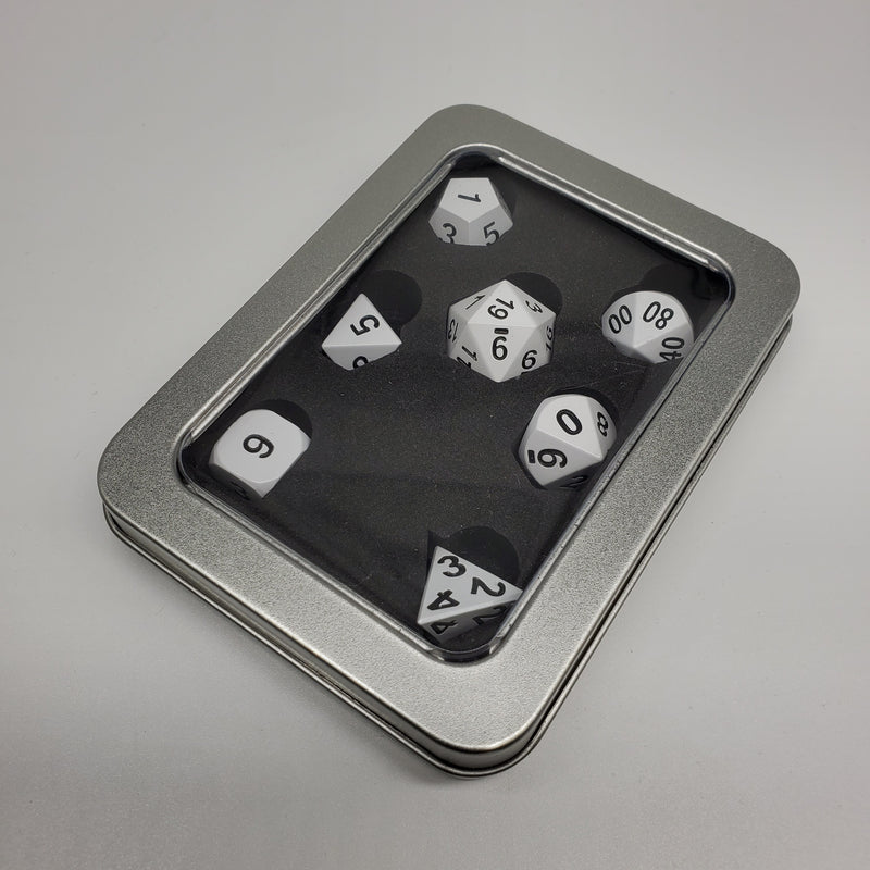 Critical Hit Collectibles - RPG White Metal Polyhedral Dice with Black Numbers - (7-Pack)
