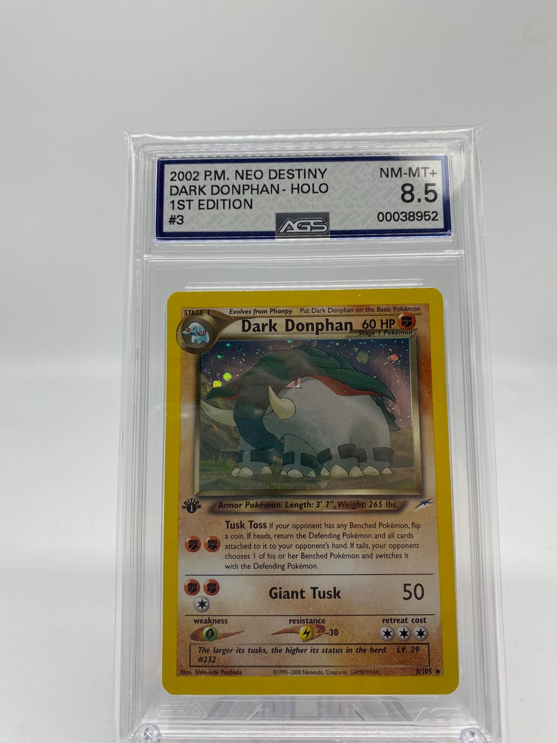 AGS Graded 2002 Pokémon Neo Destiny Holo Dark Donphan 1st Edition 3/105 8.5