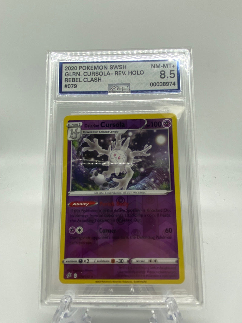 AGS Graded 2020 Pokémon Rebel Clash Reverse Holo Galarian Cursola 079/192 8.5